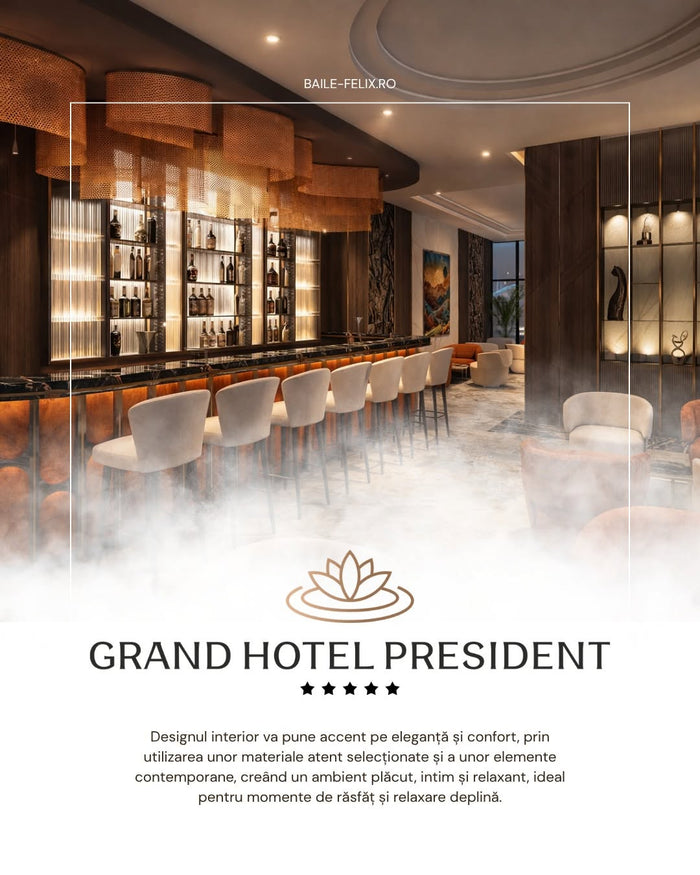 Bar cu rafturi iluminate de sticle, lămpi suspendate din rafie și fotolii crem și portocalii în lounge.