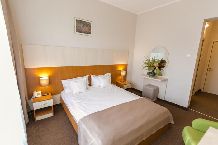 Cameră la Hotel Nufărul, cu tăblie din lemn deschis, cuvertură taupe, oglindă ovală și aranjament floral pe consolă.
